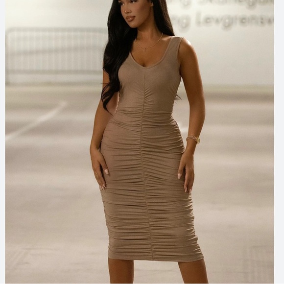 Fashion Nova Chasing Desire Ruched Midi Dress - Taupe - Picture 2 of 12